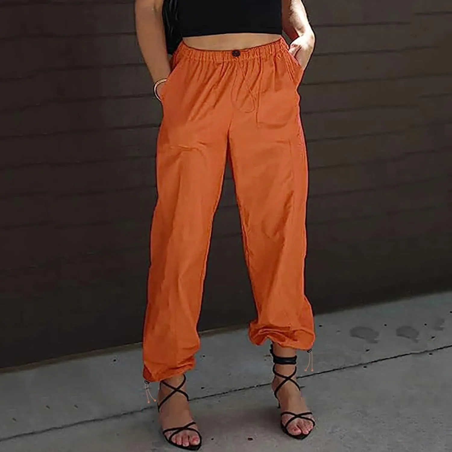 Women's High Waisted Pants Casual Drawstring Workout Baggy Quick Dry Straight Wide Leg Trousers Pockets Streetwear