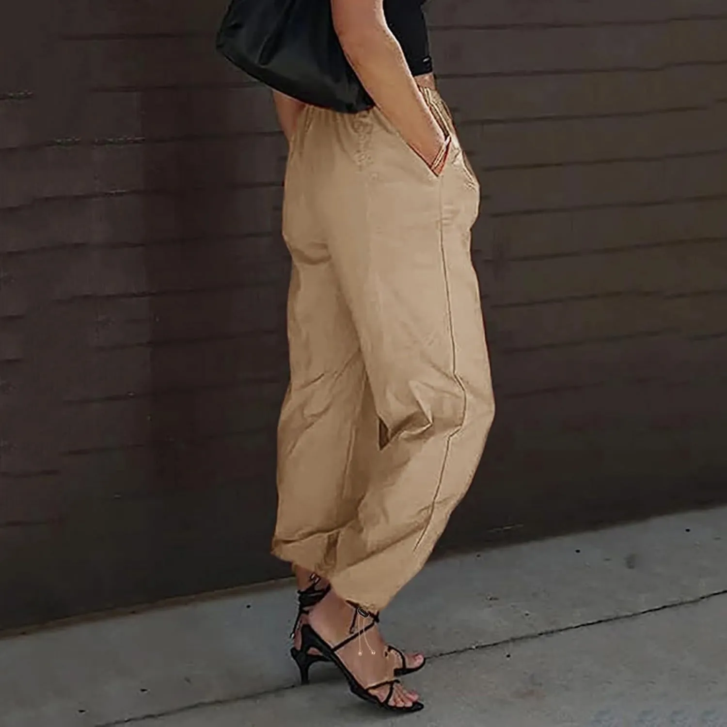Women's High Waisted Pants Casual Drawstring Workout Baggy Quick Dry Straight Wide Leg Trousers Pockets Streetwear