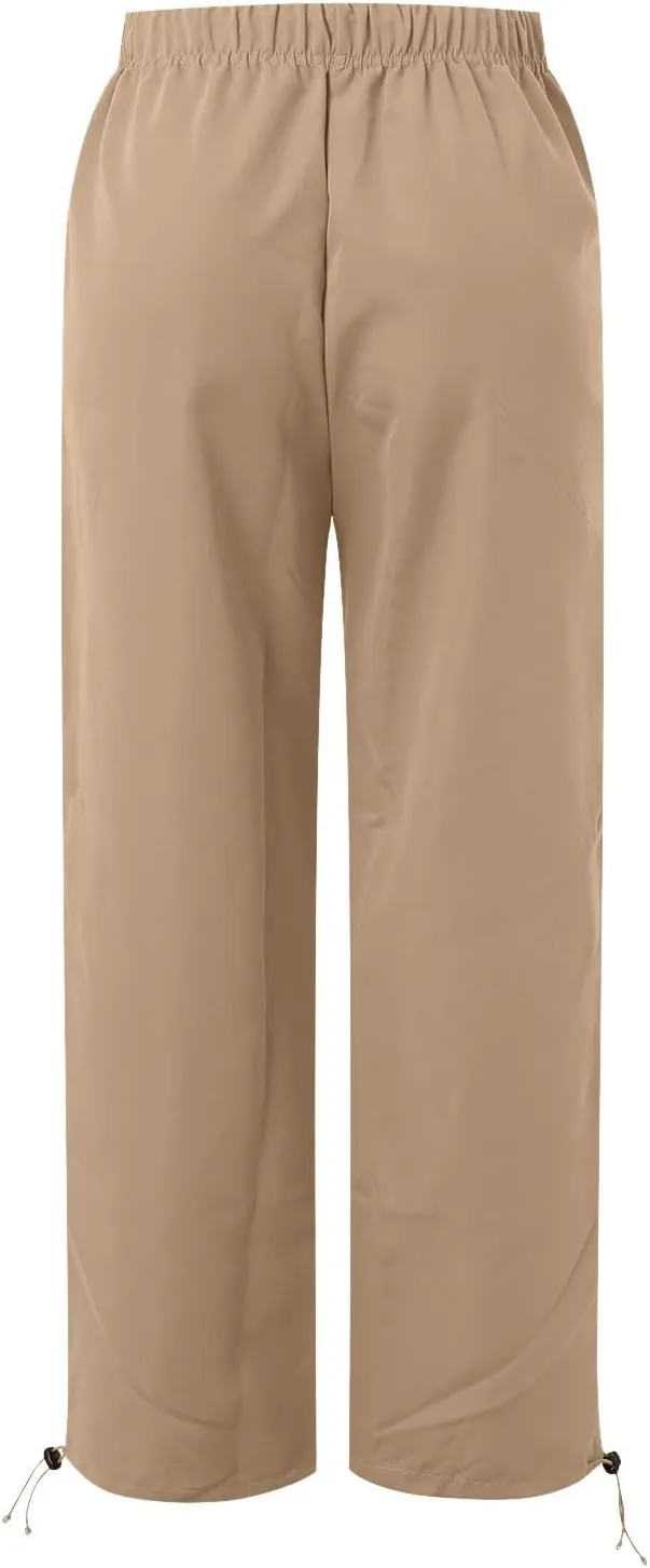 Women's High Waisted Pants Casual Drawstring Workout Baggy Quick Dry Straight Wide Leg Trousers Pockets Streetwear