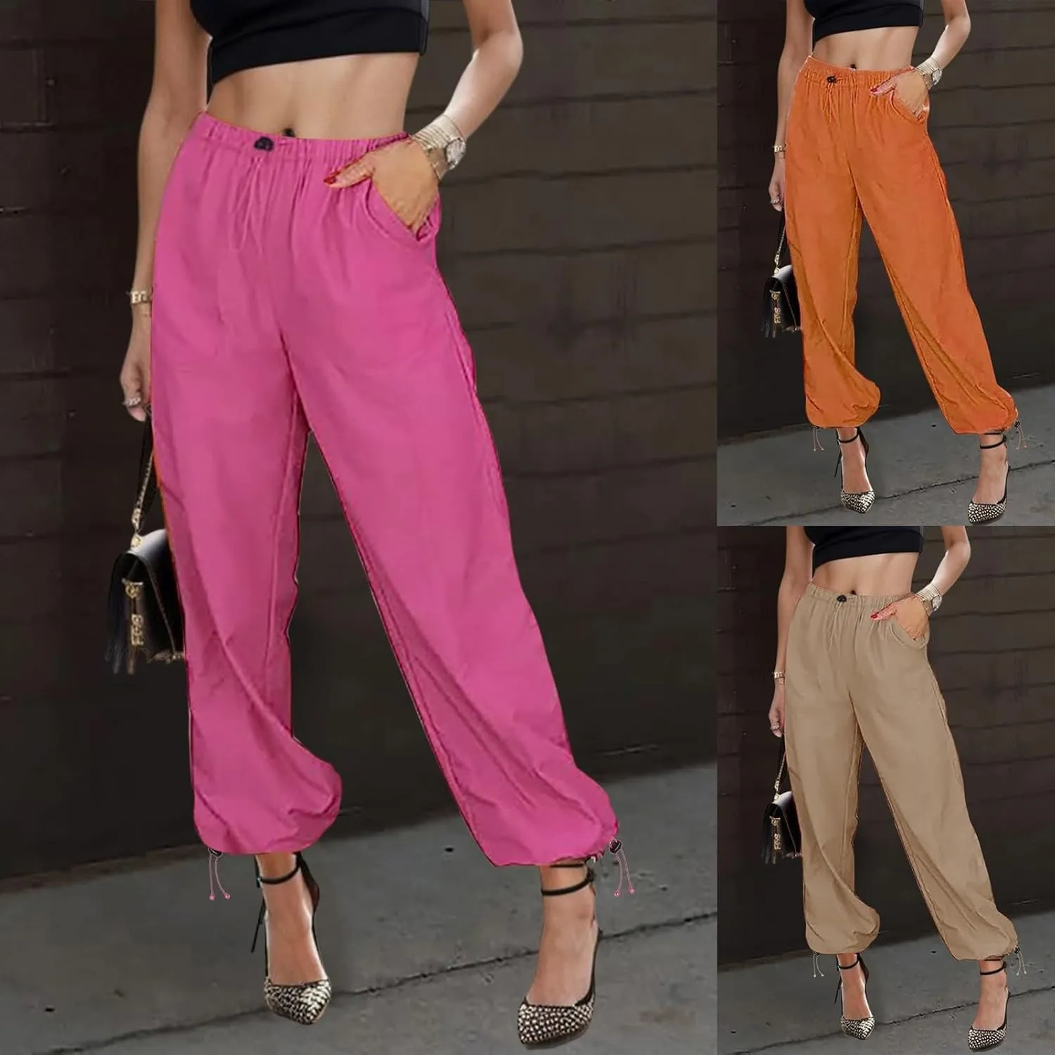 Women's High Waisted Pants Casual Drawstring Workout Baggy Quick Dry Straight Wide Leg Trousers Pockets Streetwear