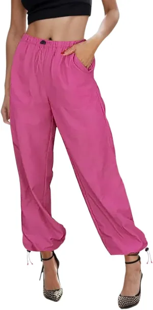 Women's High Waisted Pants Casual Drawstring Workout Baggy Quick Dry Straight Wide Leg Trousers Pockets Streetwear