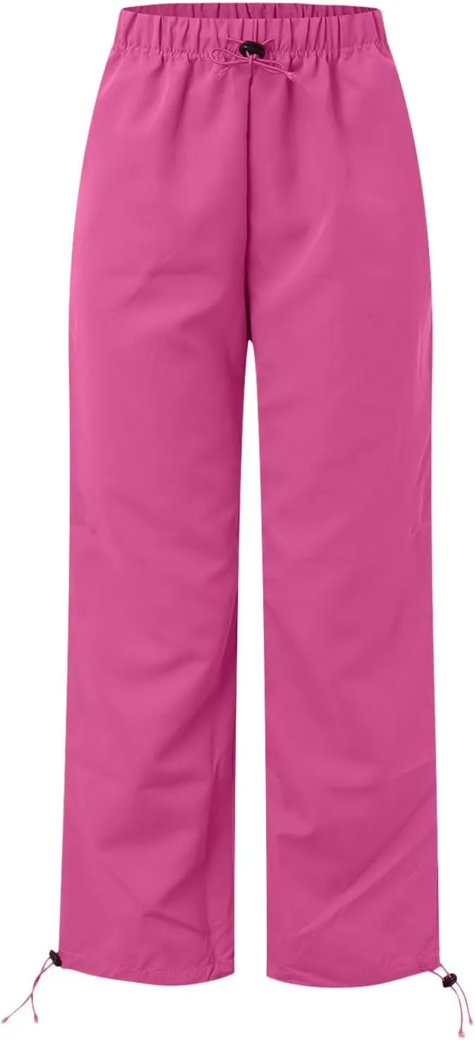 Women's High Waisted Pants Casual Drawstring Workout Baggy Quick Dry Straight Wide Leg Trousers Pockets Streetwear
