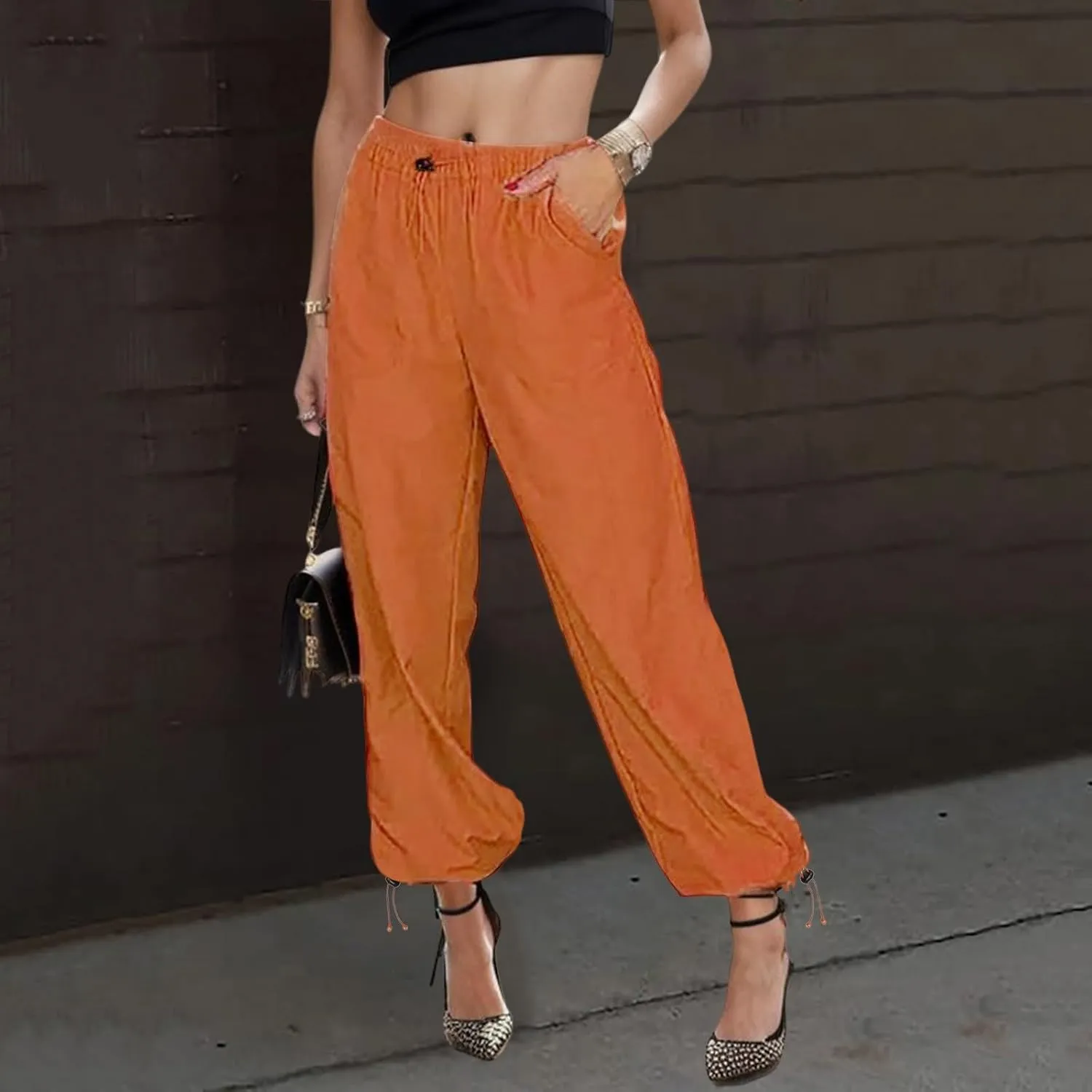 Women's High Waisted Pants Casual Drawstring Workout Baggy Quick Dry Straight Wide Leg Trousers Pockets Streetwear
