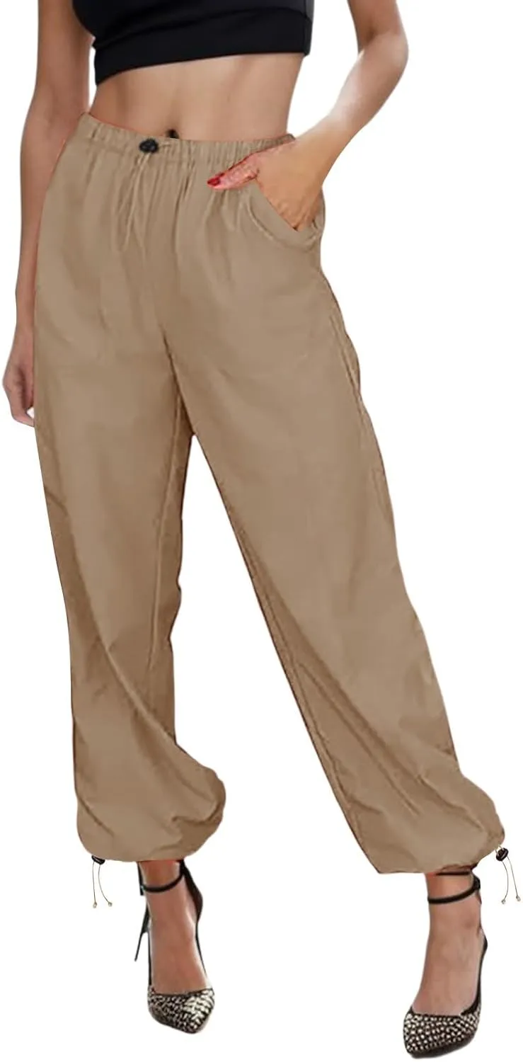 Women's High Waisted Pants Casual Drawstring Workout Baggy Quick Dry Straight Wide Leg Trousers Pockets Streetwear