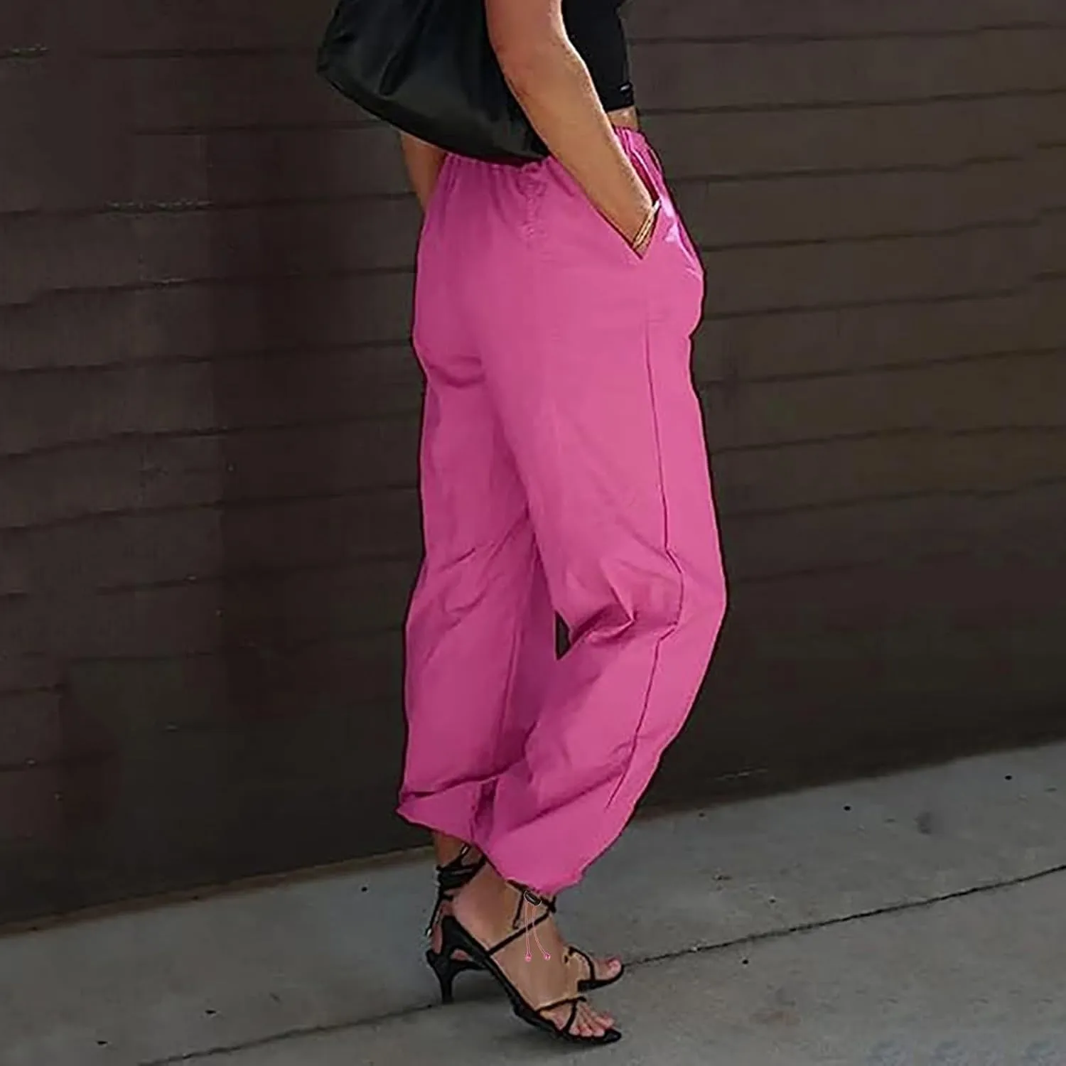 Women's High Waisted Pants Casual Drawstring Workout Baggy Quick Dry Straight Wide Leg Trousers Pockets Streetwear