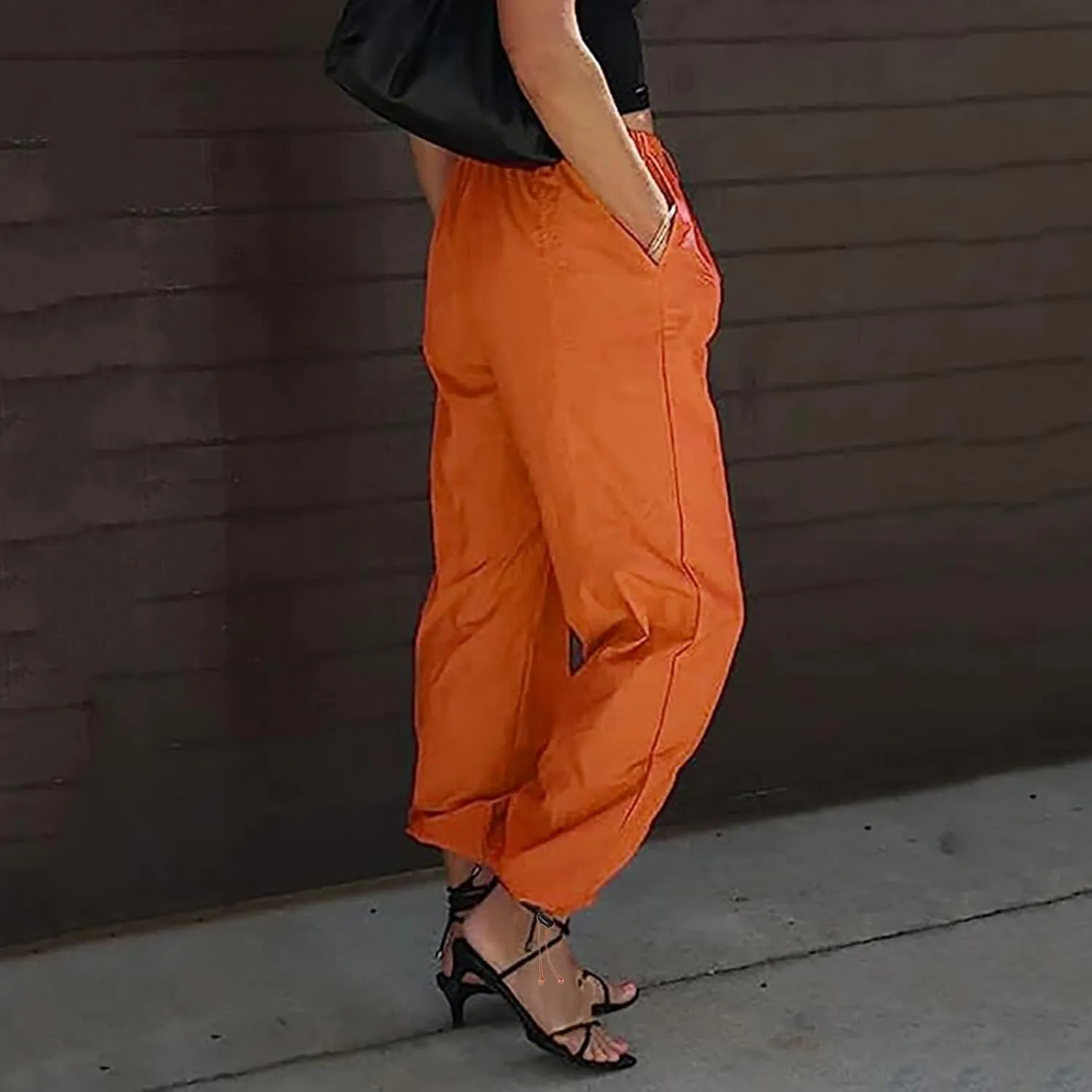 Women's High Waisted Pants Casual Drawstring Workout Baggy Quick Dry Straight Wide Leg Trousers Pockets Streetwear