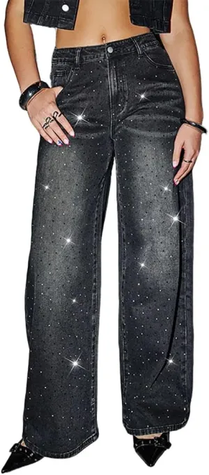 Womens High Waisted Rhinestone Jeans Straight Chic Wide Leg Bling Black Denim Pants Teen Girls Loose Fit Pearl Jeans