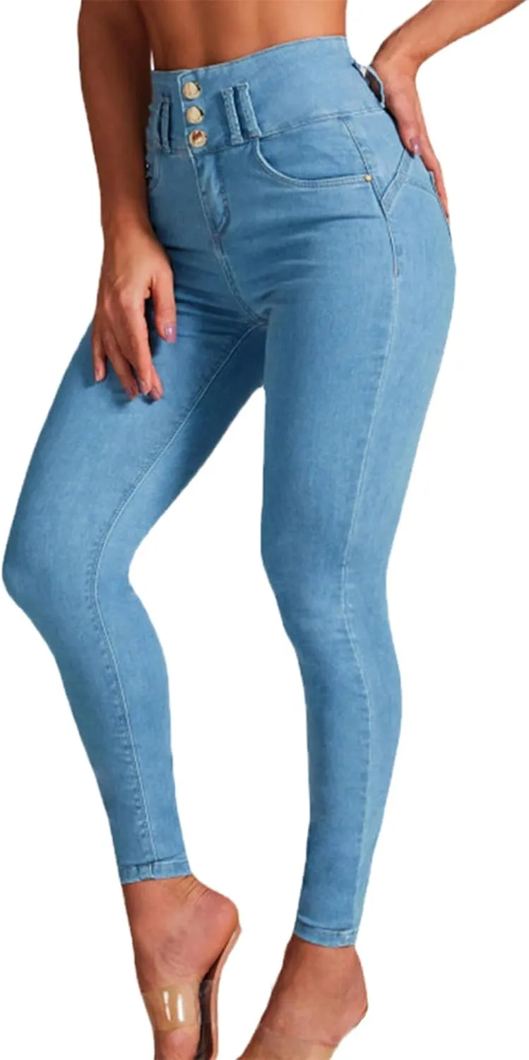 Women's High Waisted Skinny Stretch Butt Lifting Jeans Sexy Button High Rise