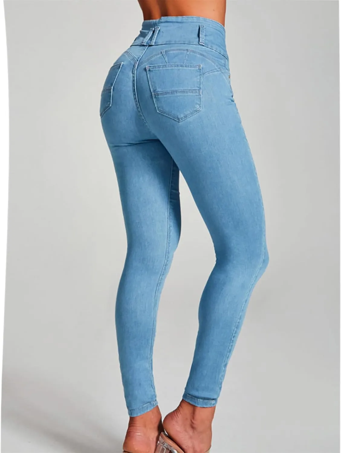 Women's High Waisted Skinny Stretch Butt Lifting Jeans Sexy Button High Rise