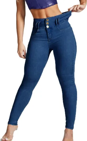 Women's High Waisted Skinny Stretch Butt Lifting Jeans Sexy Button High Rise