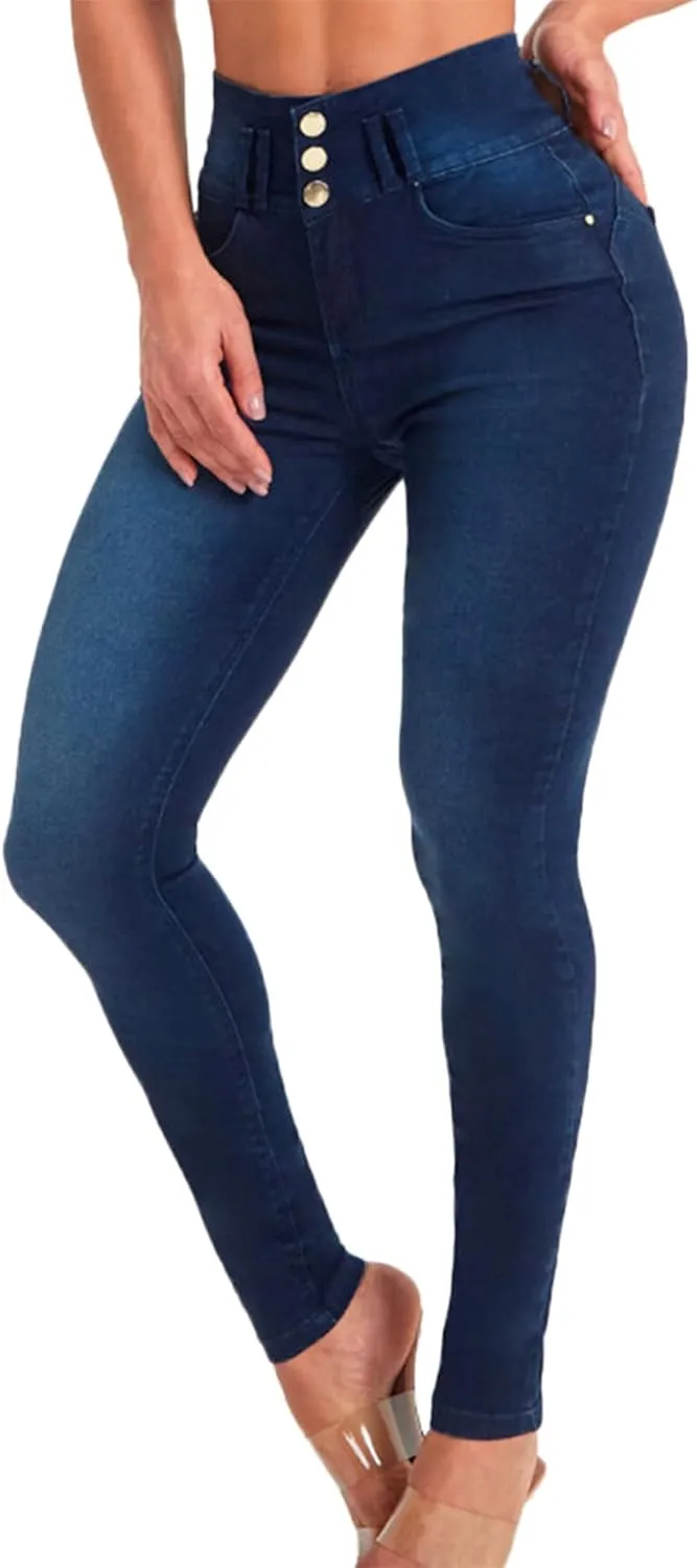 Women's High Waisted Skinny Stretch Butt Lifting Jeans Sexy Button High Rise