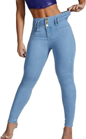 Women's High Waisted Skinny Stretch Butt Lifting Jeans Sexy Button High Rise
