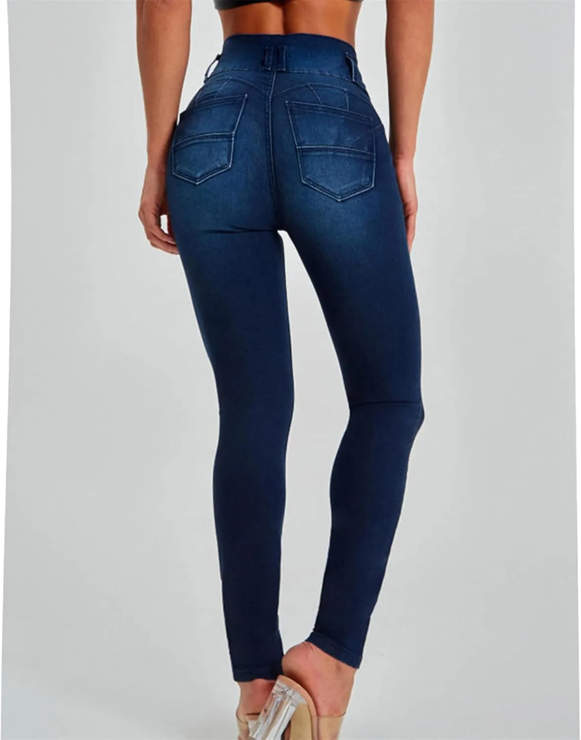 Women's High Waisted Skinny Stretch Butt Lifting Jeans Sexy Button High Rise