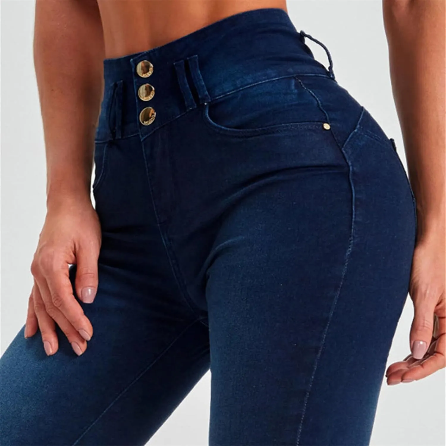 Women's High Waisted Skinny Stretch Butt Lifting Jeans Sexy Button High Rise