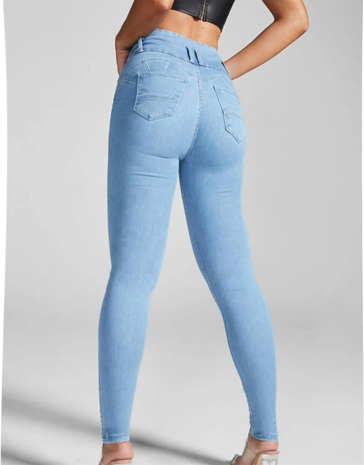 Women's High Waisted Skinny Stretch Butt Lifting Jeans Sexy Button High Rise