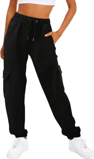 Women's High Waisted Sweatpants Baggy Fleece Lined Lounge Cargo Pants Comfy Wide Leg Drawstring Joggers Trousers Pockets