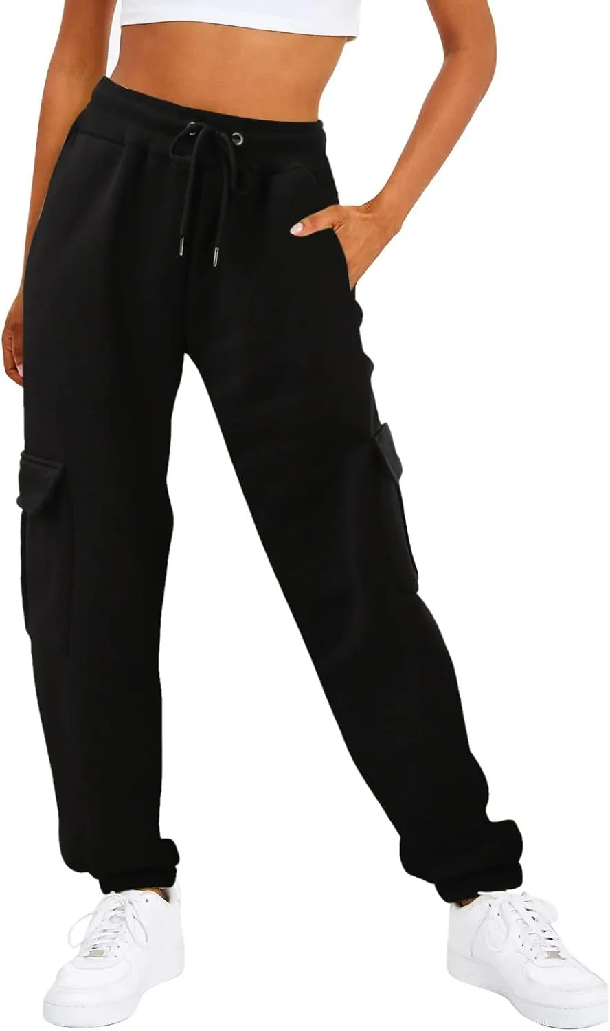 Women's High Waisted Sweatpants Baggy Fleece Lined Lounge Cargo Pants Comfy Wide Leg Drawstring Joggers Trousers Pockets