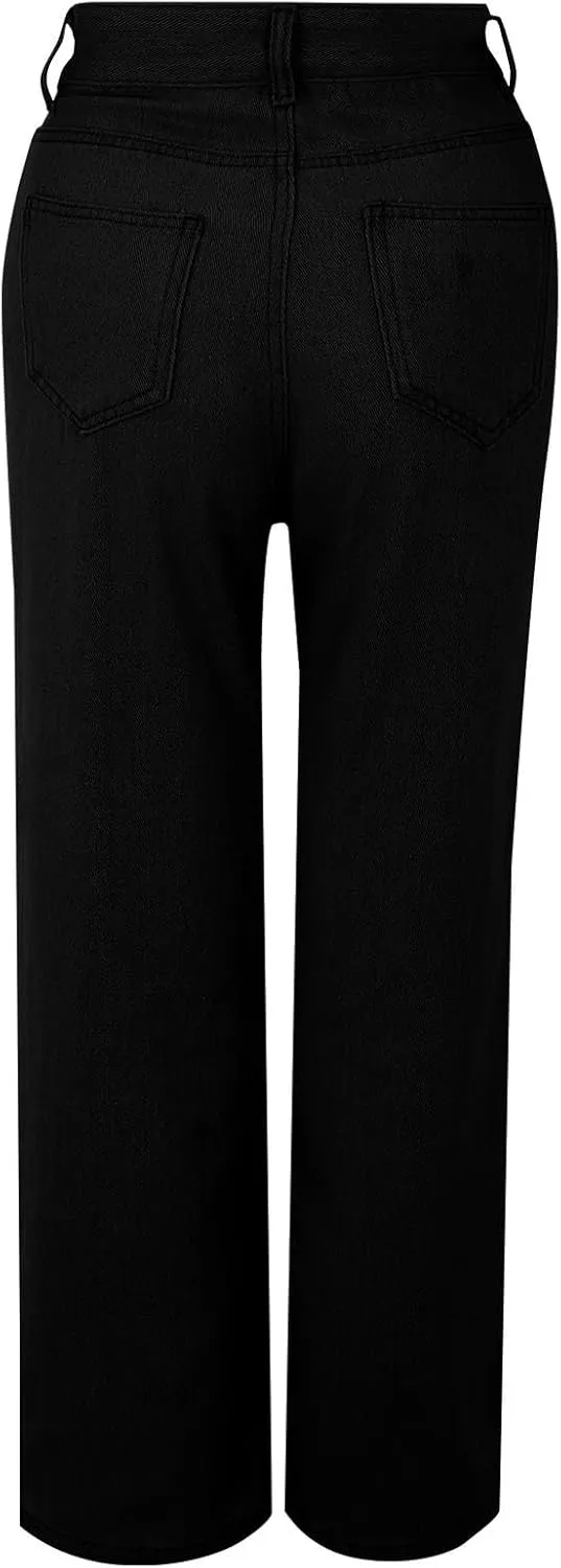Womens Jeans Baggy Stretchy High Waisted Denim Wide Leg Trouser Pants Pull On Sweatpants Loose Jean