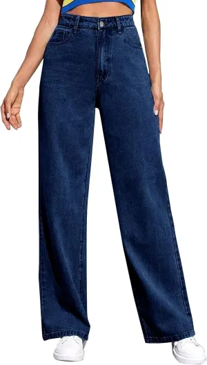 Womens Jeans Baggy Stretchy High Waisted Denim Wide Leg Trouser Pants Pull On Sweatpants Loose Jean