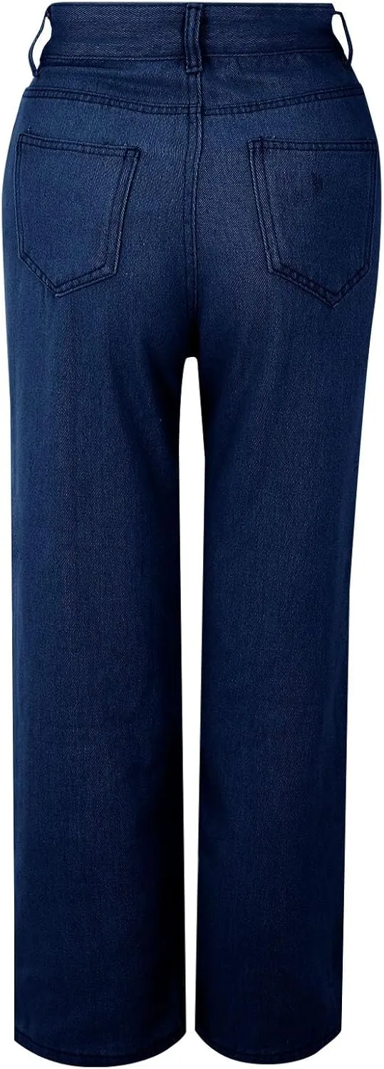 Womens Jeans Baggy Stretchy High Waisted Denim Wide Leg Trouser Pants Pull On Sweatpants Loose Jean