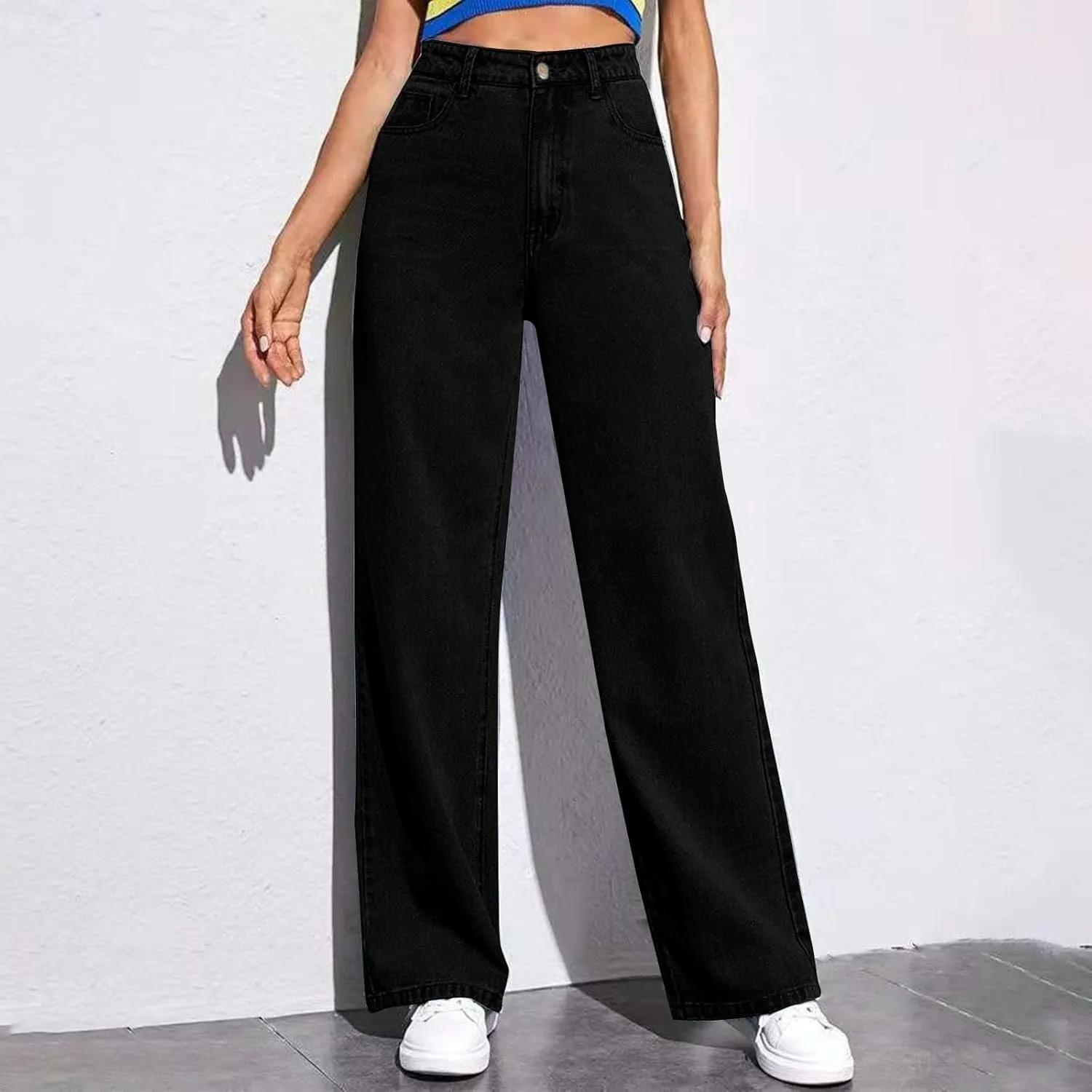 Womens Jeans Baggy Stretchy High Waisted Denim Wide Leg Trouser Pants Pull On Sweatpants Loose Jean