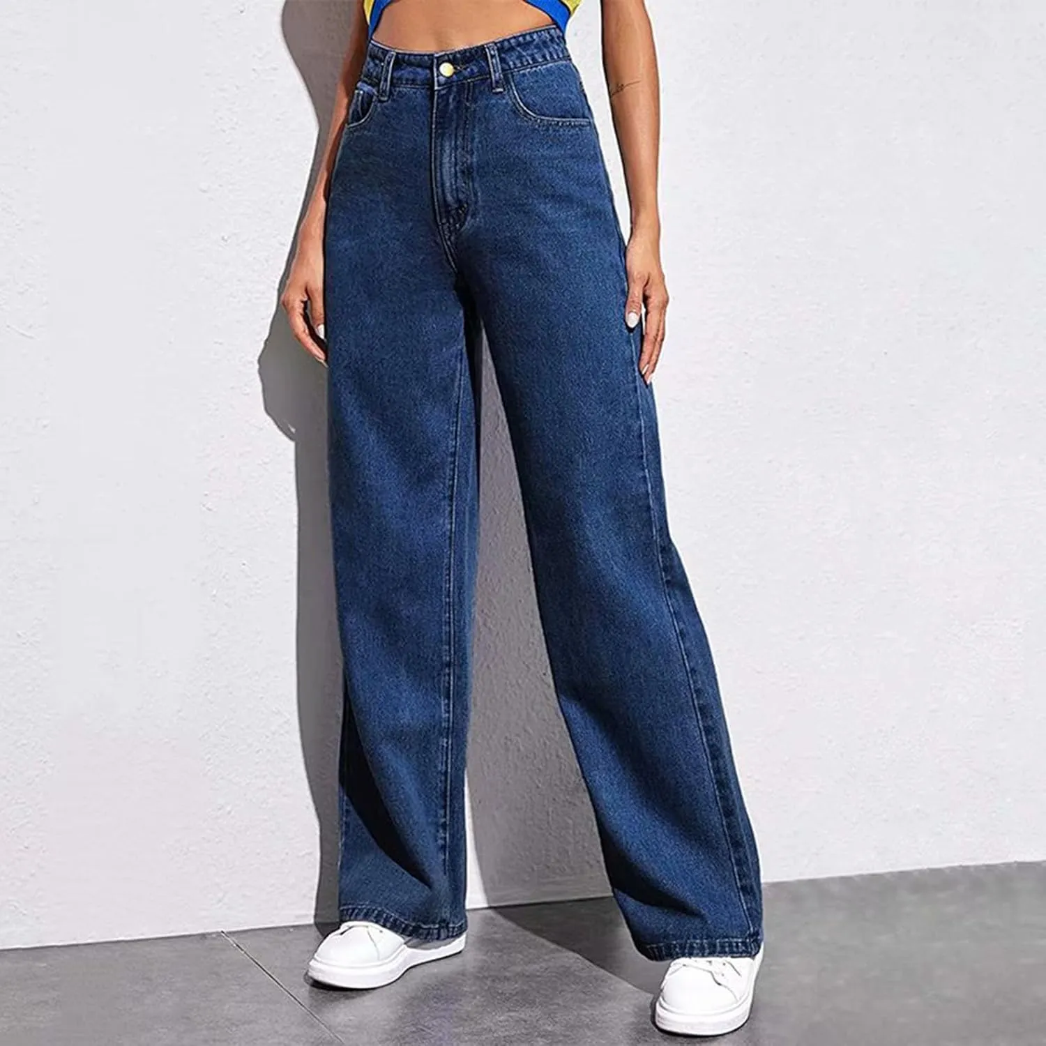 Womens Jeans Baggy Stretchy High Waisted Denim Wide Leg Trouser Pants Pull On Sweatpants Loose Jean