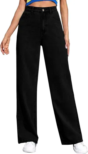 Womens Jeans Baggy Stretchy High Waisted Denim Wide Leg Trouser Pants Pull On Sweatpants Loose Jean