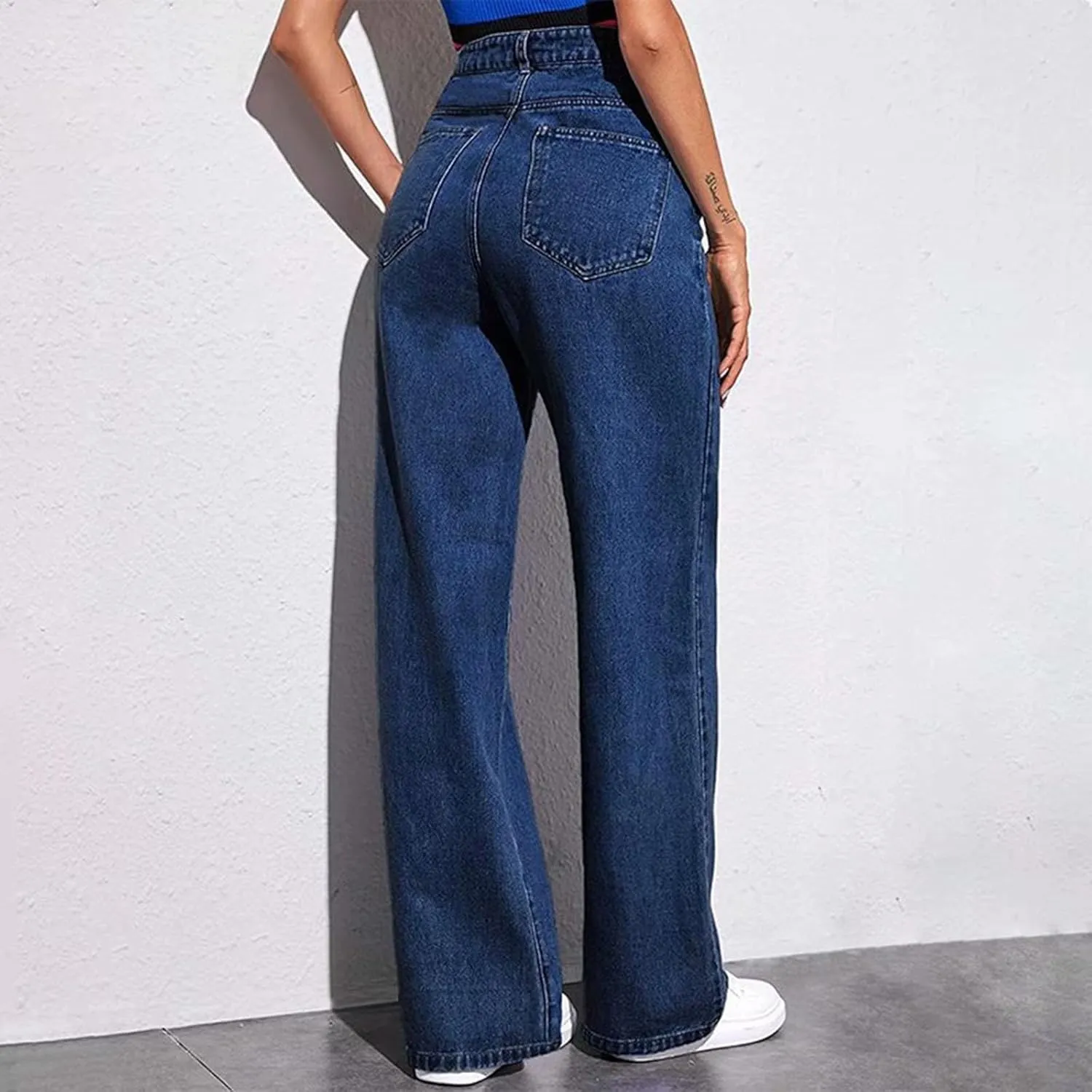 Womens Jeans Baggy Stretchy High Waisted Denim Wide Leg Trouser Pants Pull On Sweatpants Loose Jean