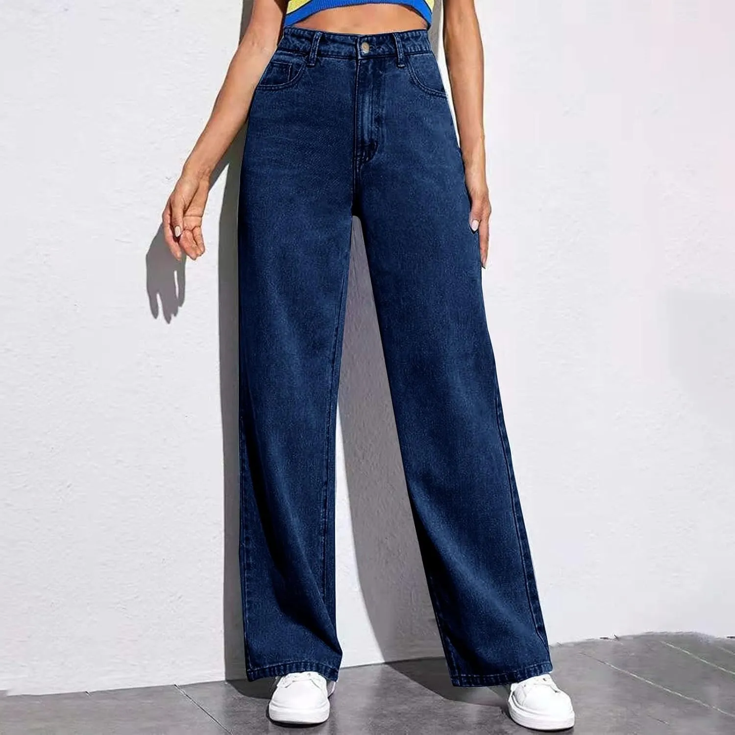 Womens Jeans Baggy Stretchy High Waisted Denim Wide Leg Trouser Pants Pull On Sweatpants Loose Jean