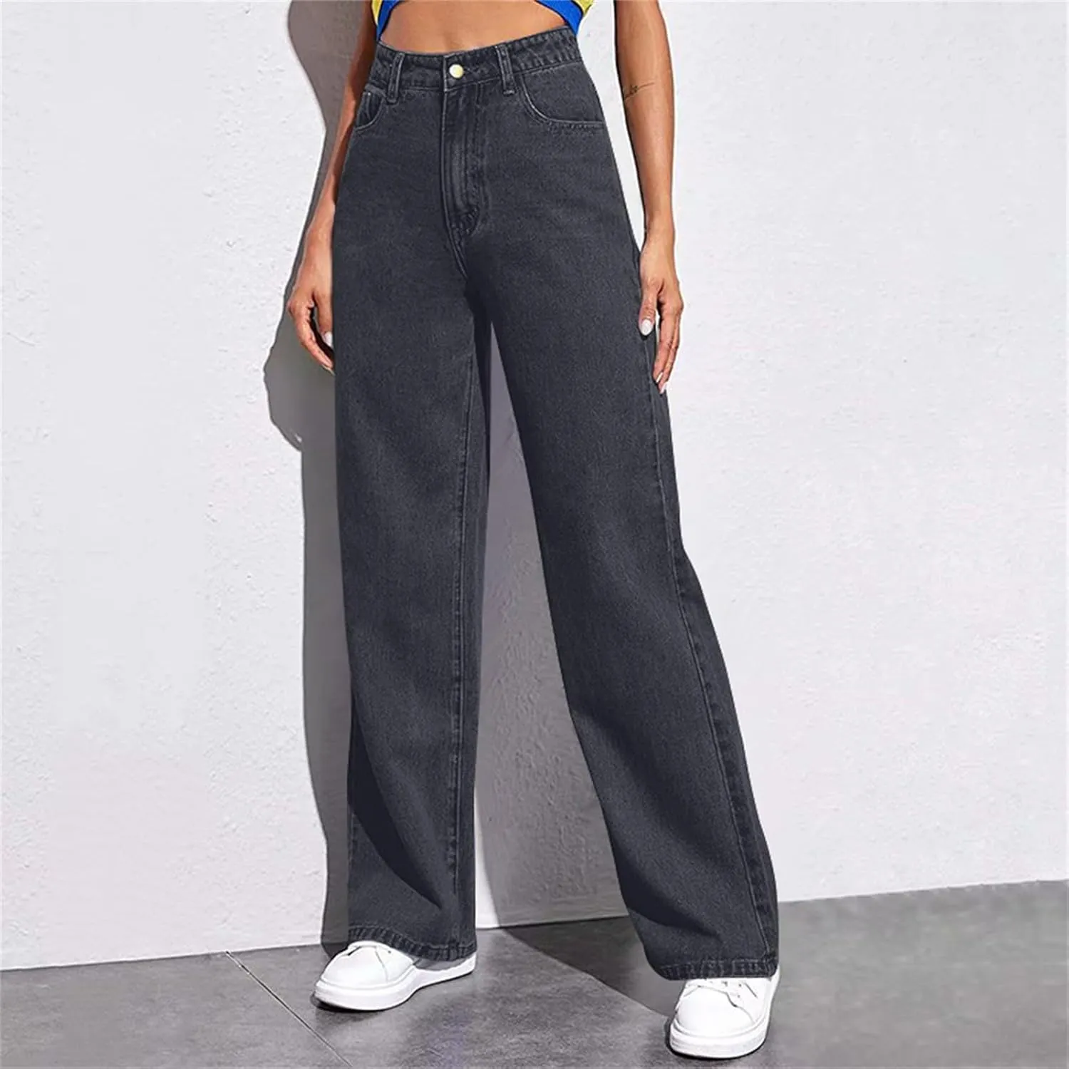 Womens Jeans High Waist Elastic Baggy Wide Leg Pants Vintage Loose Fit Pants with Pockets
