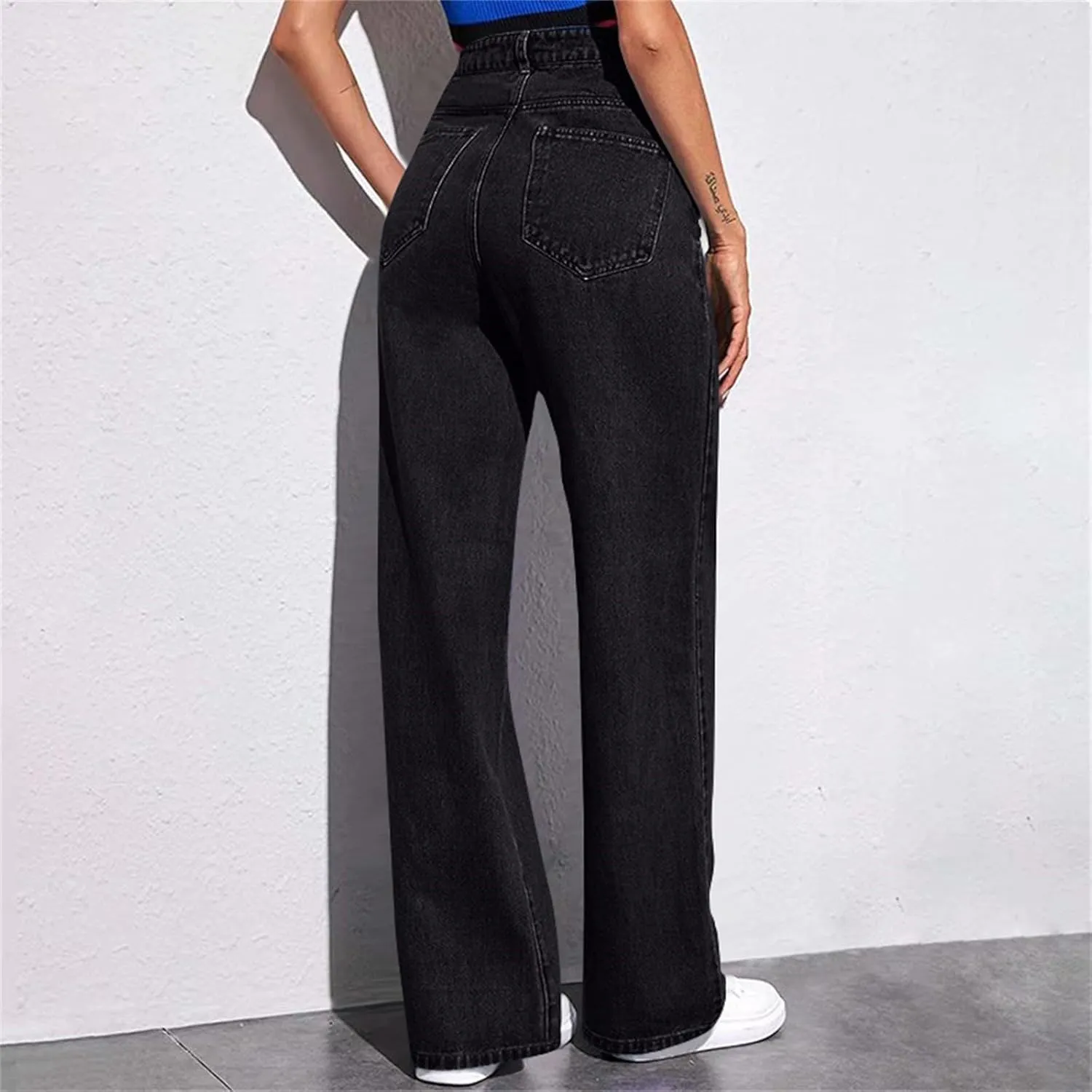 Womens Jeans High Waist Elastic Baggy Wide Leg Pants Vintage Loose Fit Pants with Pockets