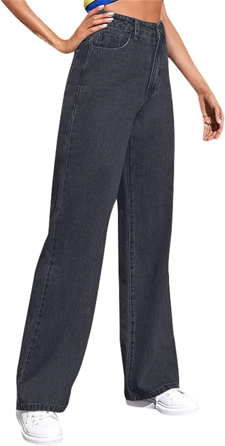 Womens Jeans High Waist Elastic Baggy Wide Leg Pants Vintage Loose Fit Pants with Pockets