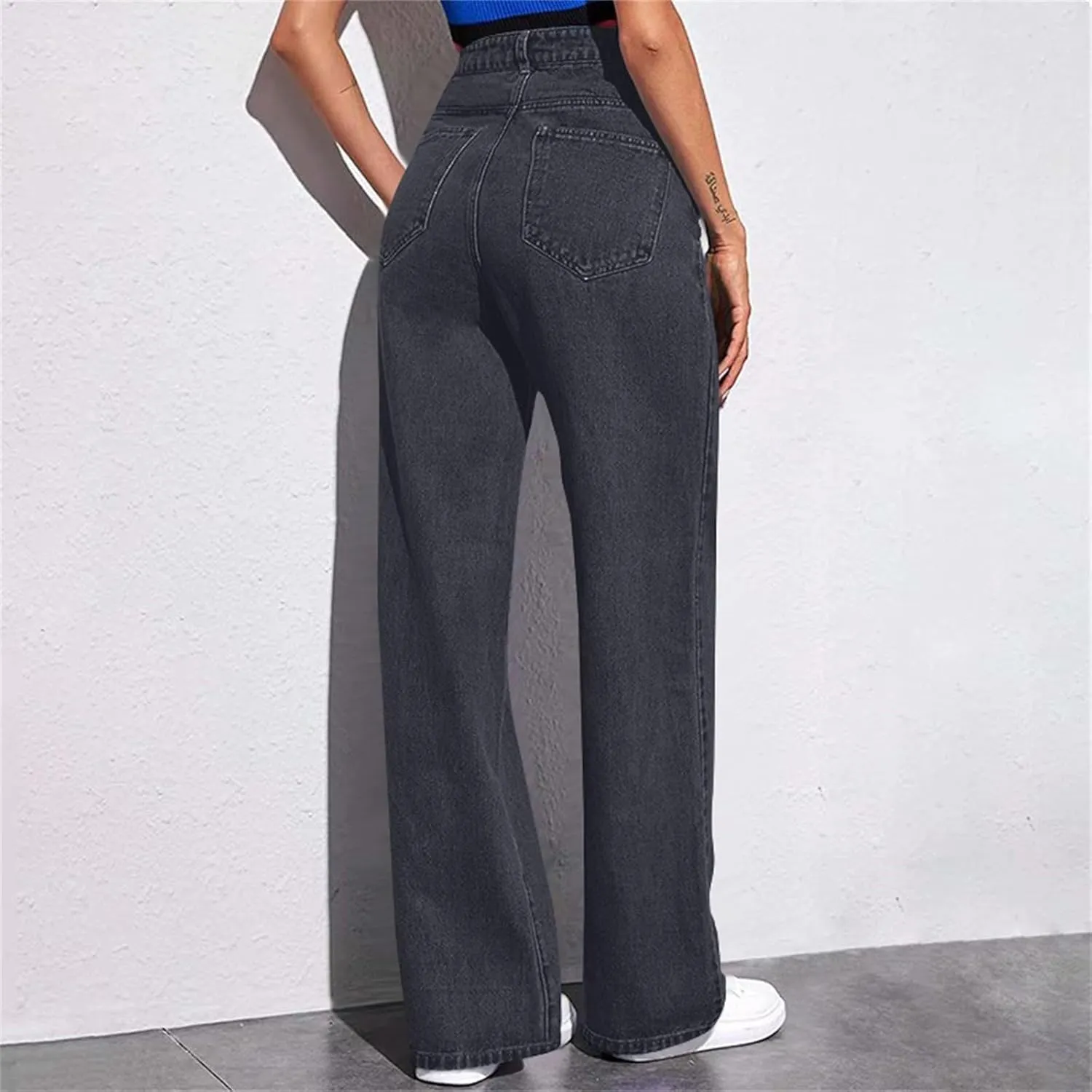 Womens Jeans High Waist Elastic Baggy Wide Leg Pants Vintage Loose Fit Pants with Pockets