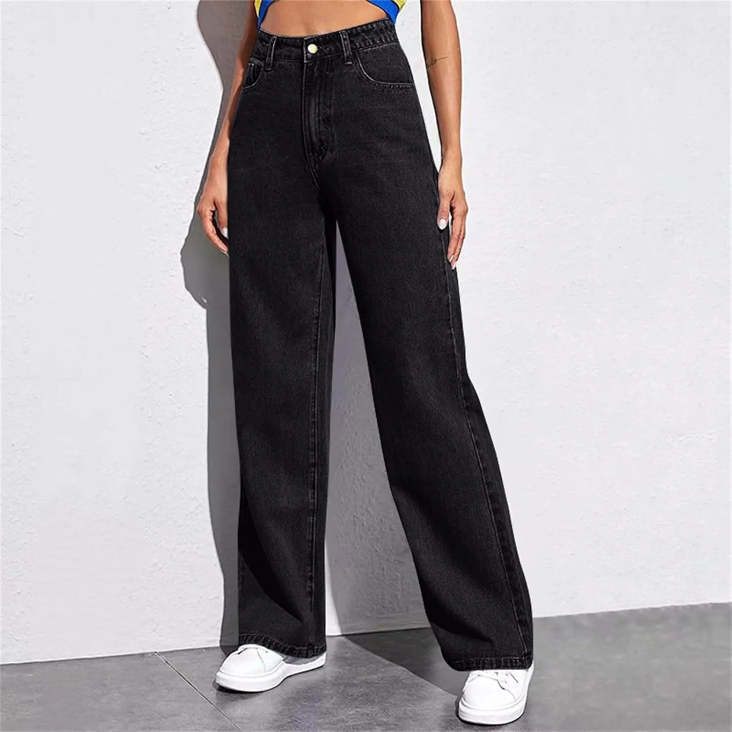 Womens Jeans High Waist Elastic Baggy Wide Leg Pants Vintage Loose Fit Pants with Pockets