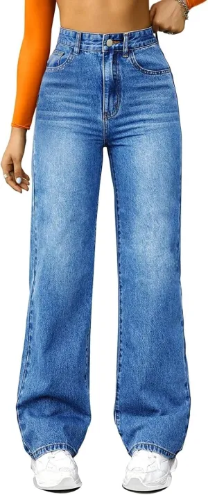 Womens Jeans High Waist Elastic Baggy Wide Leg Pants Vintage Loose Fit Pants with Pockets