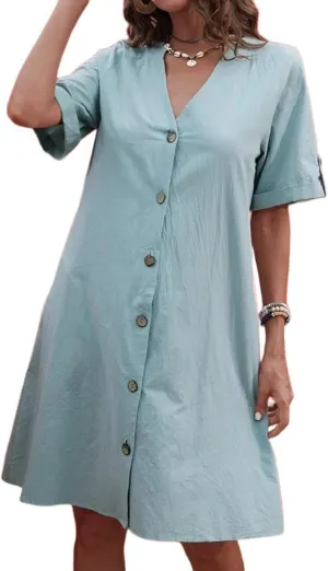 Women's Linen Midi Dress Oversized Short Sleeve Sundress V-Neck Button Down Dresses Solid Basic Loungewear Dresses