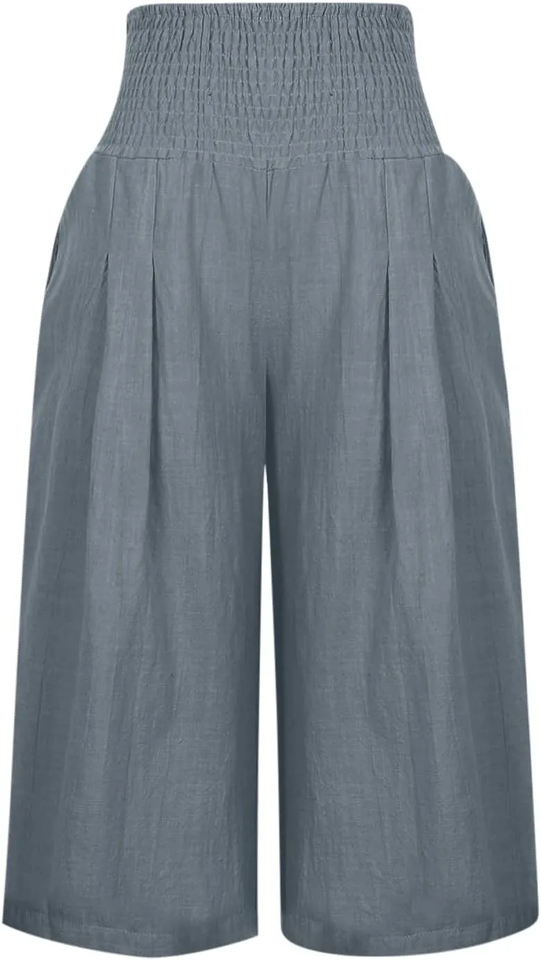 Womens Linen Palazzo Capri with Pockets Smocked High Waist Wide Leg Pants Casual Loungewear Flowy Summer Bottoms
