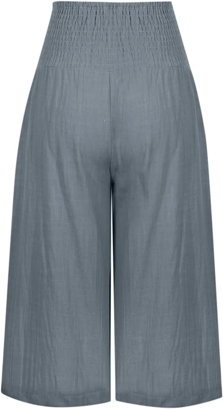 Womens Linen Palazzo Capri with Pockets Smocked High Waist Wide Leg Pants Casual Loungewear Flowy Summer Bottoms