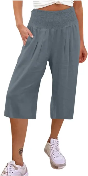 Womens Linen Palazzo Capri with Pockets Smocked High Waist Wide Leg Pants Casual Loungewear Flowy Summer Bottoms