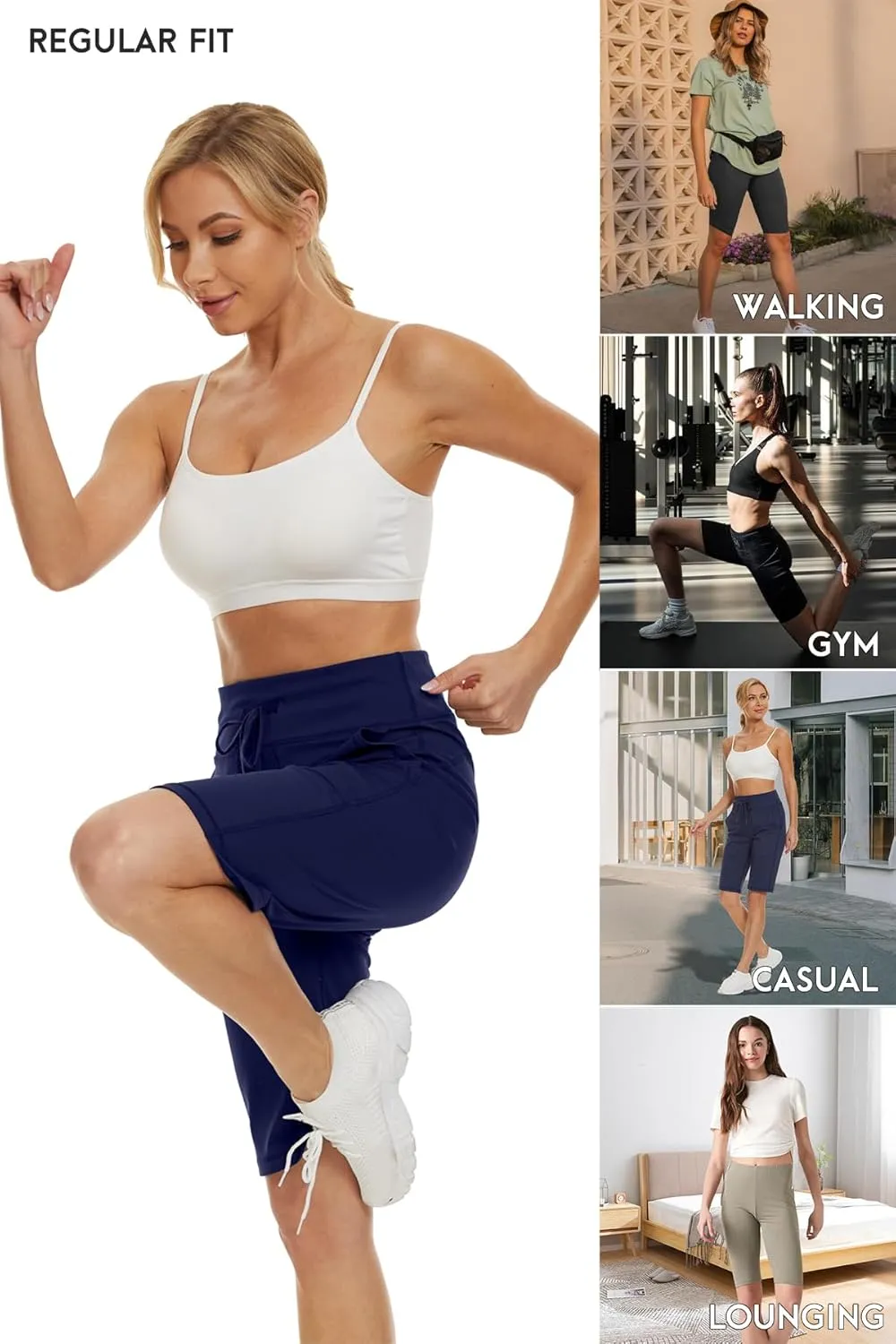Women's Long Shorts 12" Knee Length Running Athletic High Waist Deep Pockets Quick Dry Loose Fit