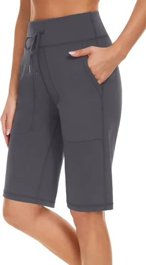 Women's Long Shorts 12" Knee Length Running Athletic High Waist Deep Pockets Quick Dry Loose Fit