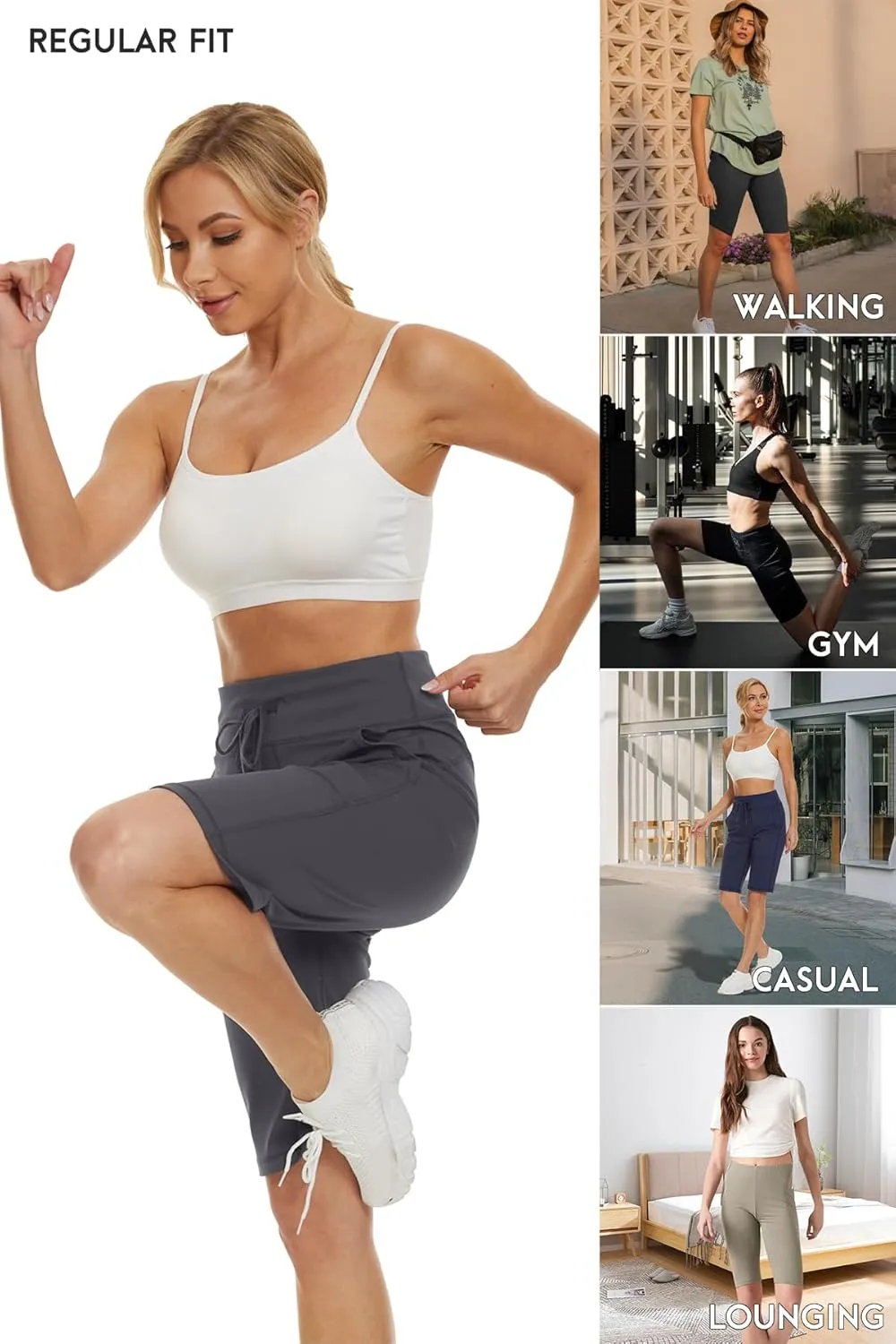 Women's Long Shorts 12" Knee Length Running Athletic High Waist Deep Pockets Quick Dry Loose Fit