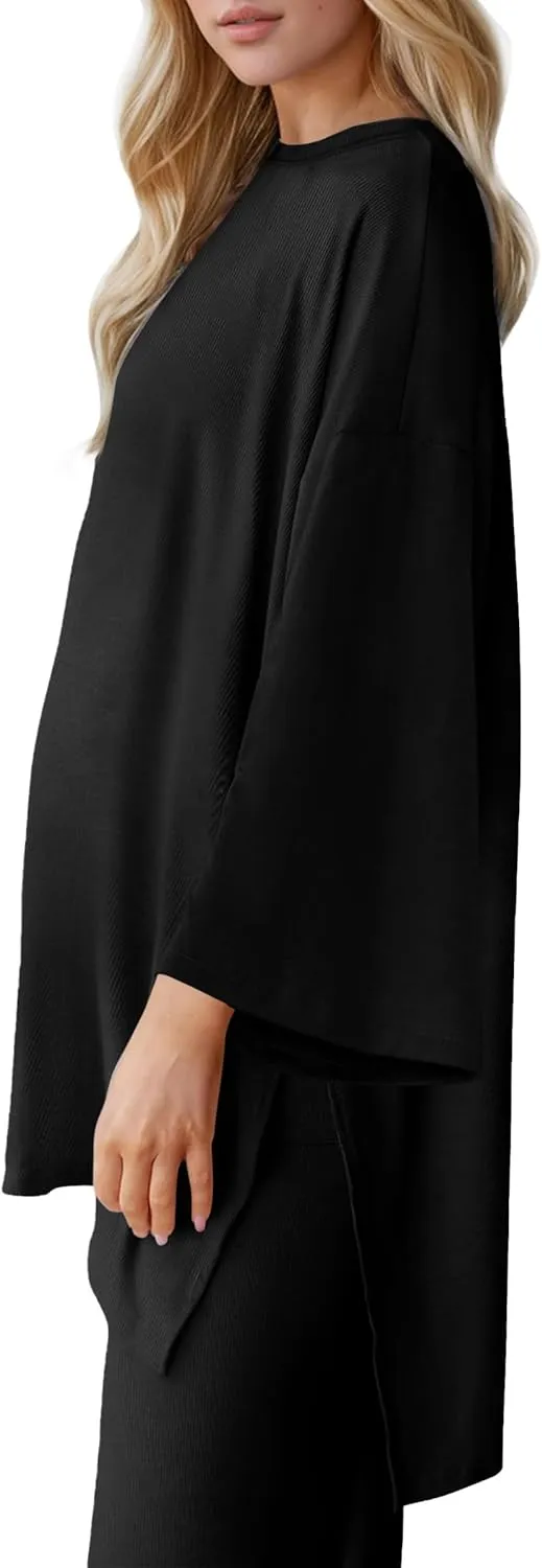 Womens Maternity Pajamas Sets 2 Piece Outfits Long Sleeve Tops and Pregnancy Loungewear Mama Clothes with Pockets