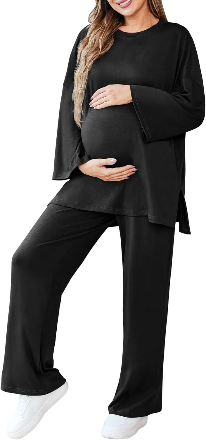 Womens Maternity Pajamas Sets 2 Piece Outfits Long Sleeve Tops and Pregnancy Loungewear Mama Clothes with Pockets