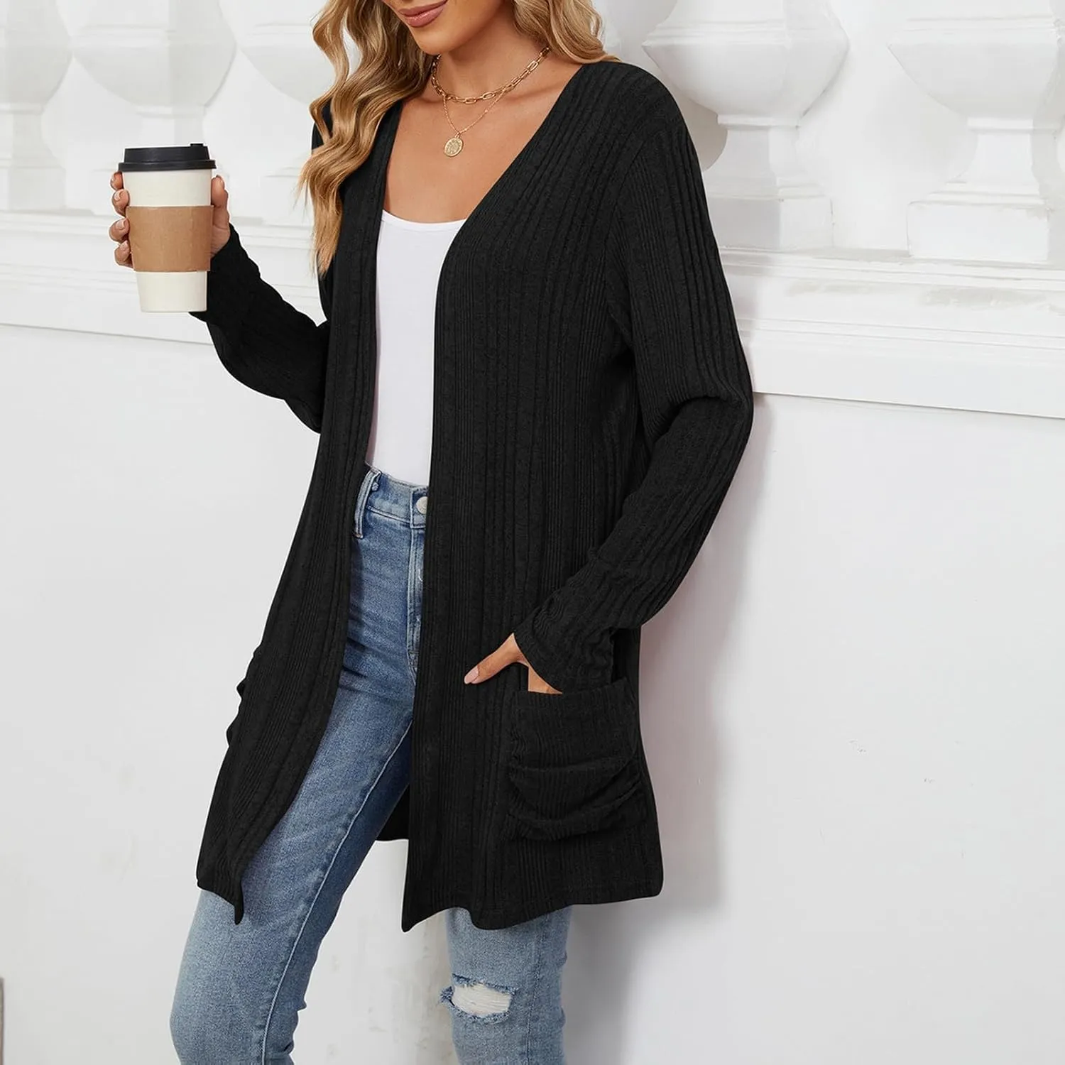 Womens Open Front Cardigan Lightweight Casual Long Sleeve Knit Sweaters Solid Color Outwear Fall Loungewear
