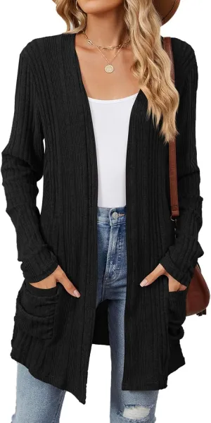 Womens Open Front Cardigan Lightweight Casual Long Sleeve Knit Sweaters Solid Color Outwear Fall Loungewear