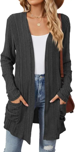 Womens Open Front Cardigan Lightweight Casual Long Sleeve Knit Sweaters Solid Color Outwear Fall Loungewear