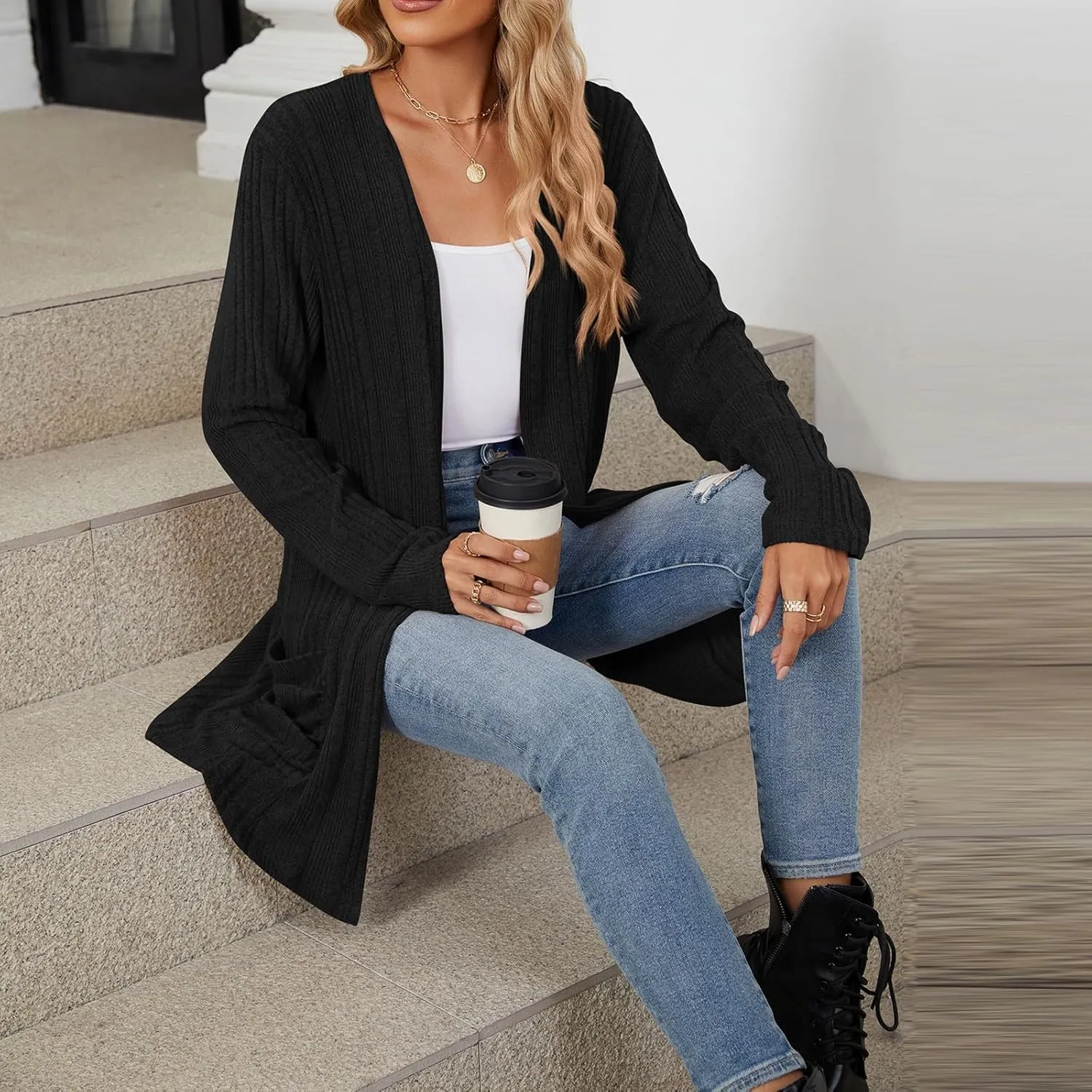 Womens Open Front Cardigan Lightweight Casual Long Sleeve Knit Sweaters Solid Color Outwear Fall Loungewear