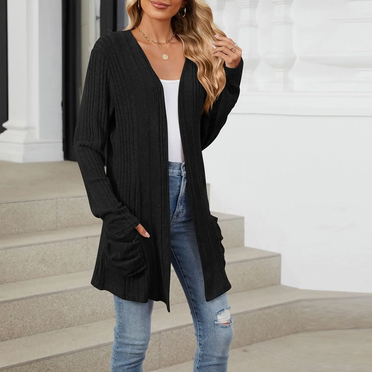Womens Open Front Cardigan Lightweight Casual Long Sleeve Knit Sweaters Solid Color Outwear Fall Loungewear