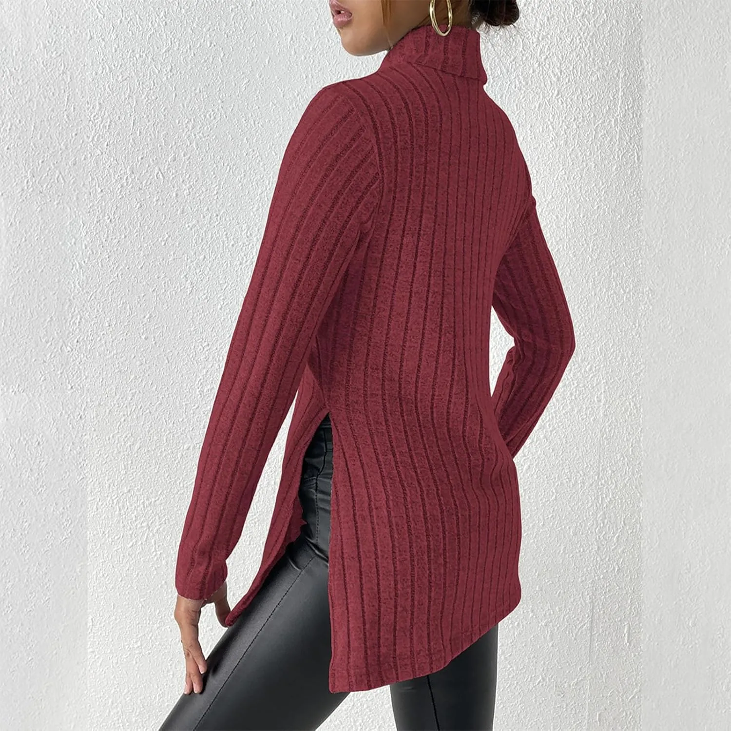Women's Oversized Turtleneck Sweaters Fall Long Sleeve Ribbed Long Tunic Sweater Lightweight Knit Tops Loungewear